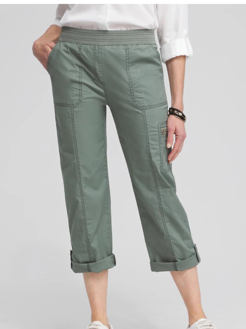 Chico’s Poplin Cropped Roll-Tab Pants in Sage Green XS/2